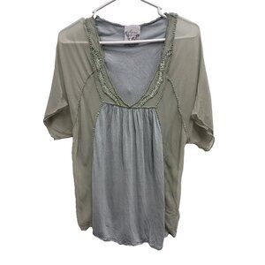 Vintage 90 Sains Womens Silk Top Small Gray Sheer Beaded Short Sleeve Fairy